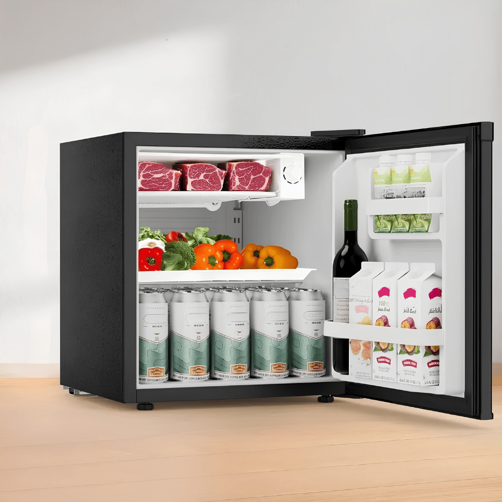 Compact mini fridge with freezer and adjustable temperature settings, ideal for dorms and small spaces, featuring a sleek design and energy-efficient functionality. 0